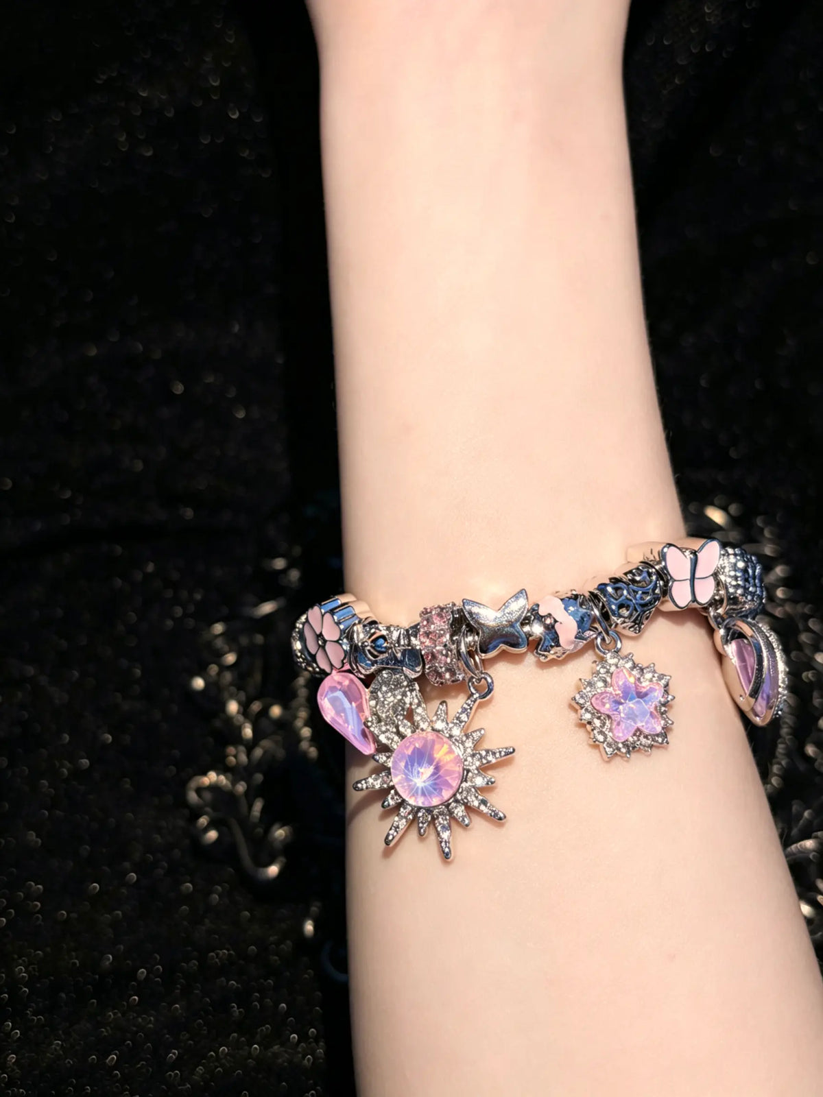 Pink Purple Crystal Sun Castle Charm Bracelet, Silver Plated Adjustable Snake Chain Bead Bracelet, Fashion Dangle Butterfly Flower Heart Beads Jewelry Gift for Women Girls