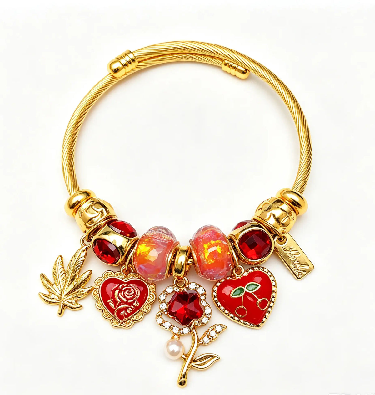 Golden Adjustable Open Cuff Charm Bangle, Cable Wire Beaded Bracelet with Enamel Heart Cherry Rose Maple Leaf Charms, Fashion Stackable Jewelry Gift for Women Girls