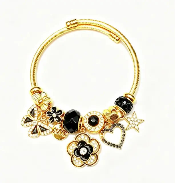 Gold Black Clover Charm Bangle Bracelet for Women, Adjustable Twisted Cable Wire Open Cuff Bracelet with Butterfly Star Heart Crystal Beads Charms, Luxury Dainty Jewelry Gift for Birthday Anniversary