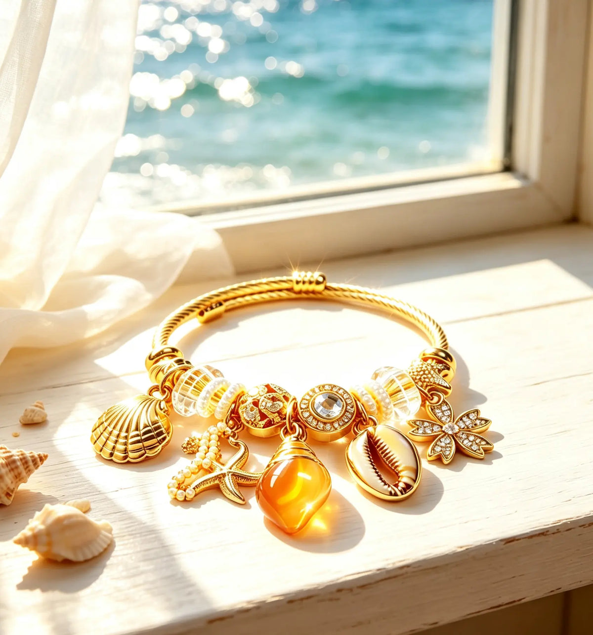 Gold Ocean Seashell Starfish Open Cuff Bracelet with Amber Crystal Beads Summer Beach Charm Bangle for Women