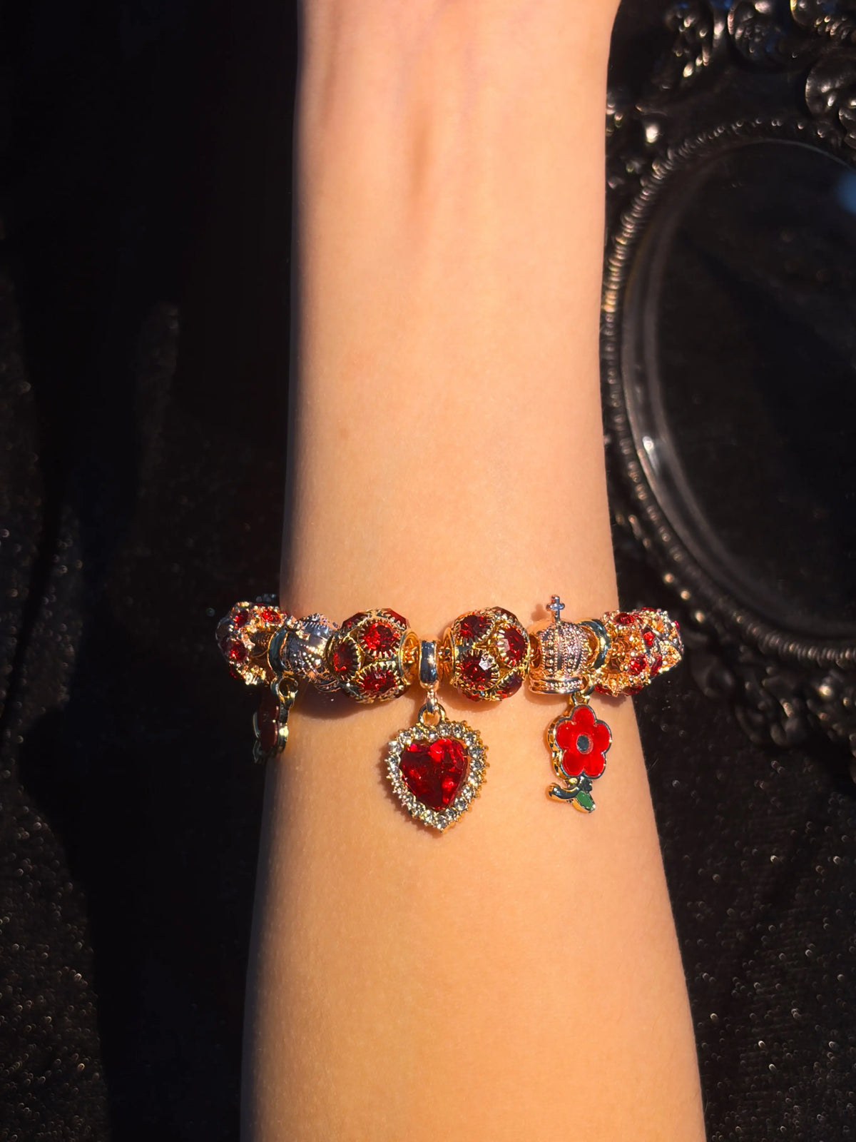 Pink Gold Women Beaded Snake Chain Bracelet, Red Rhinestone Heart & Enamel Flower Pendants, Decorative Crystal Beads, Adjustable Extender Chain Wrist Ornament, Fashion Daily Accessory, Nice Birthday Holiday Dating Party Present for Ladies Teen Girls