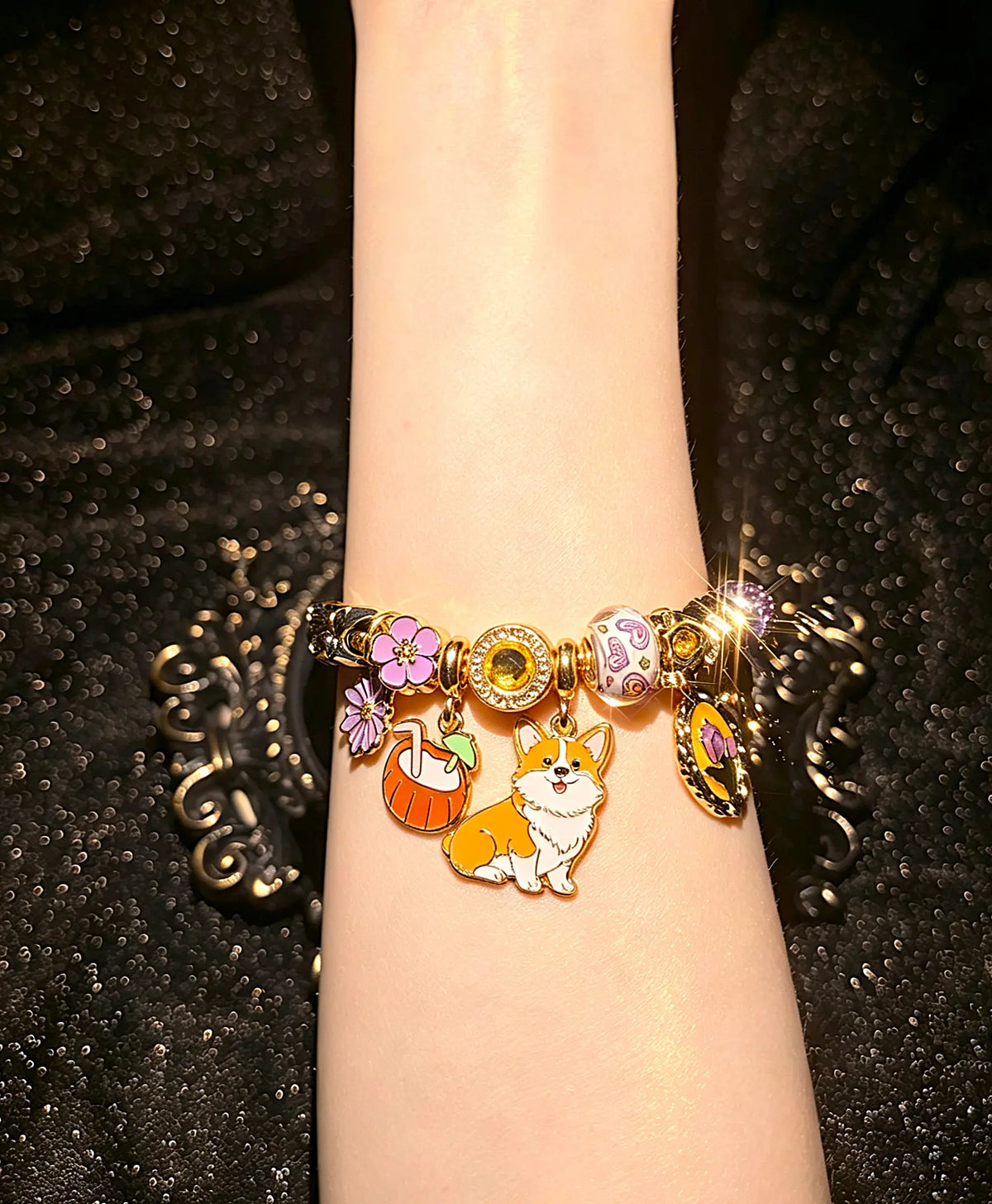 Cute Corgi Dog Charm Bracelet - Multi-Charm Coconut, Flower, Cactus, Car Photo Frame Beaded Bracelet, Stackable Fashion Jewelry Gift for Women
