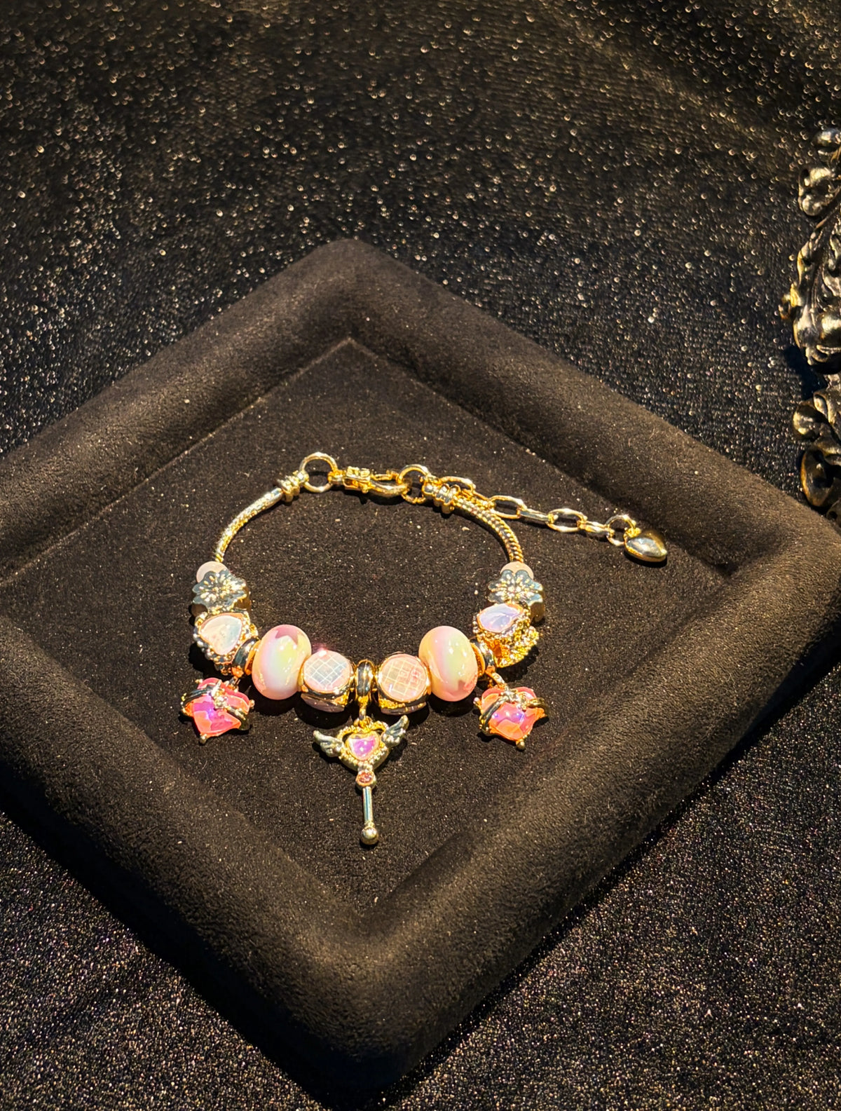 Women's Gold-Tone Magical Girl Snake Chain Bracelet, Adjustable Extension Chain, Enamel Magic Wand Heart Flower Dangle Pendants, Iridescent Pink-Orange Glass Beads, Stackable Costume Jewelry for Daily Party Gifting