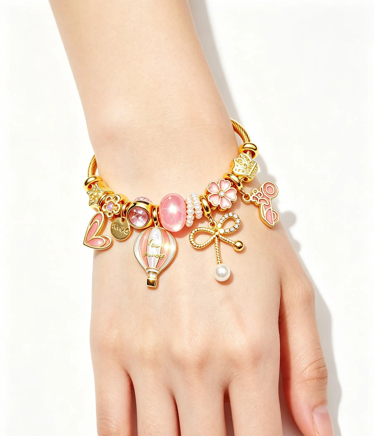 Pink Hot Air Balloon Charm Bangle, 14K Gold Twisted Cable Bracelet with Cherry Blossom, Bow, Heart & Pearl Pendant, Dainty Pink Crystal Beads Jewelry Gift for Women Teen Girls