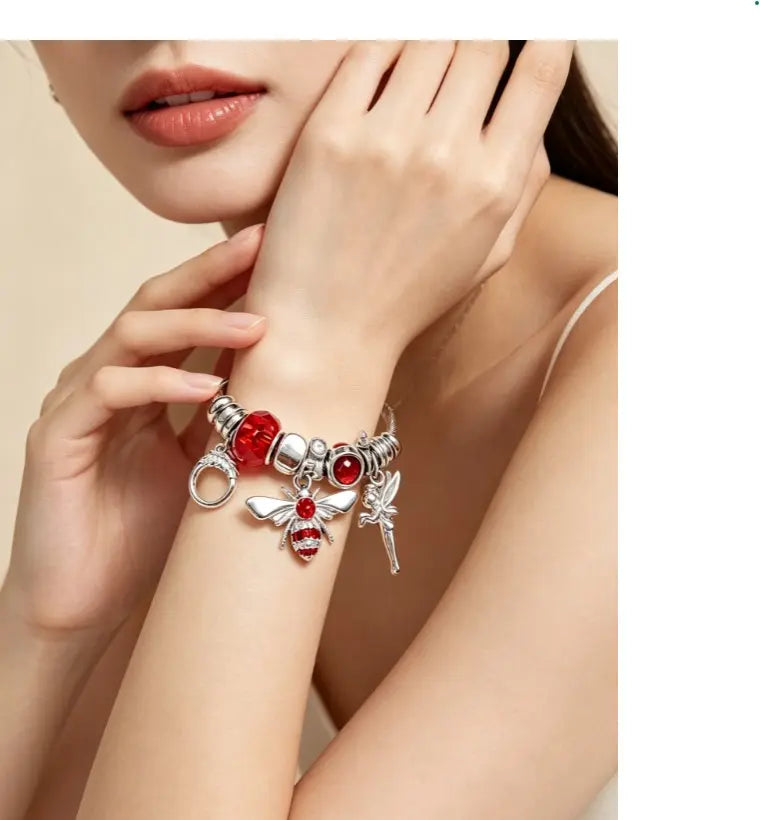 Adjustable Twist Wire Bangle Bracelet with Sparkling Red Crystal Bees and Fairy Charms, Silver Tone Open Cuff Bracelet Jewelry Gift for Women