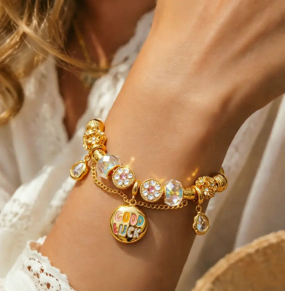 Gold Bead Charm Bracelet with GOOD LUCK Pendant, Adjustable Snake Chain Bracelet with Crystal Beads Dangle Charms, Fashion Jewelry Gift for Women Girls