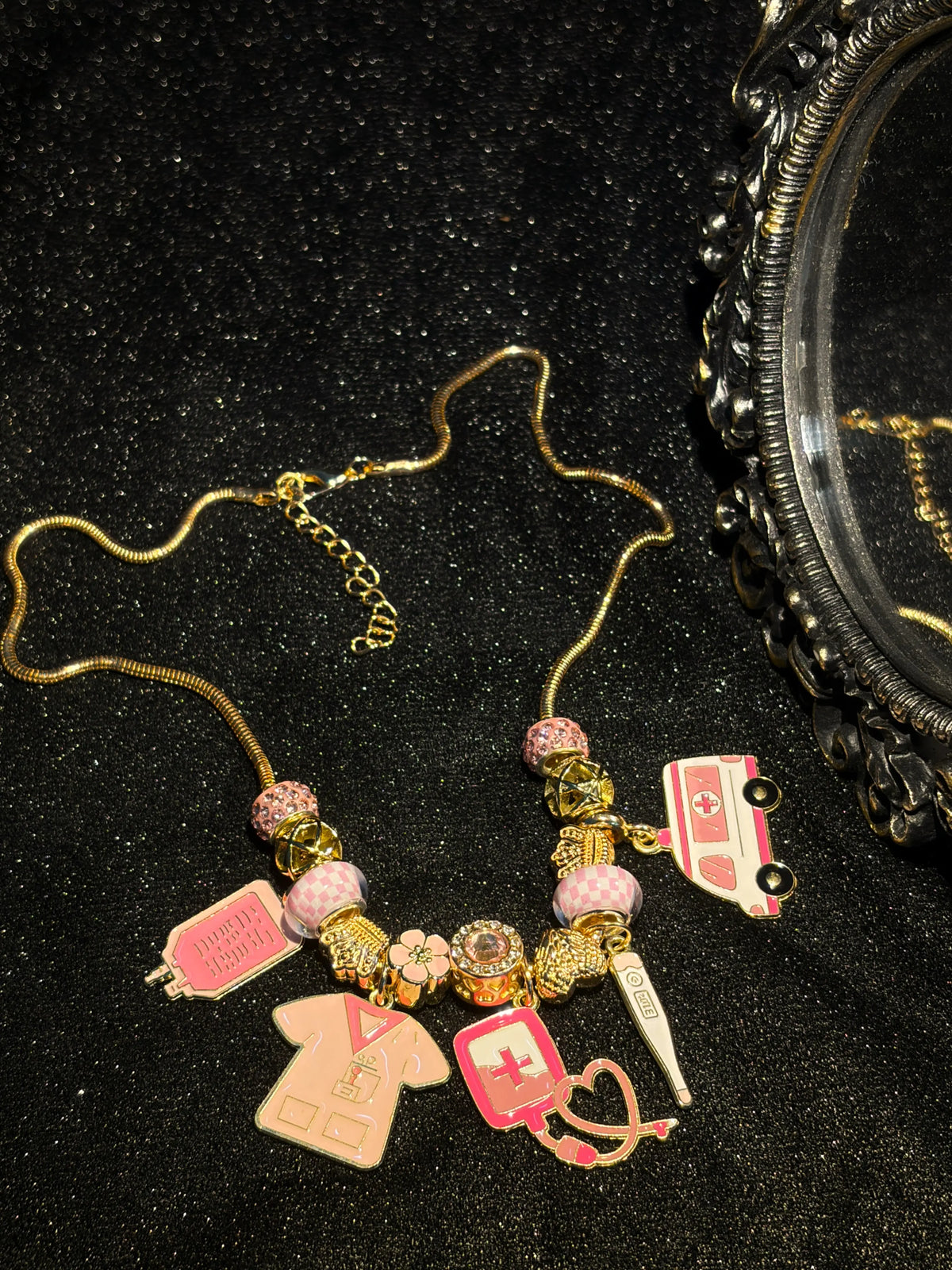Pink Enamel Charm Necklace for Women, Fun Cartoon Style Pendant Necklace with Multi Charms, Gold-tone Adjustable Snake Chain Beaded Statement Jewelry, Sweet Gift for Daily Wear