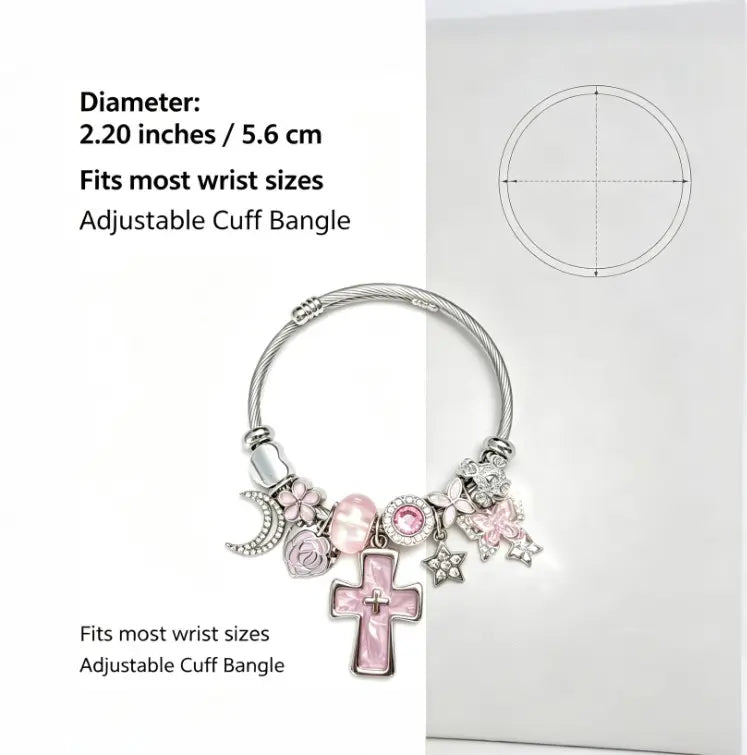 Pink Cross Charm Adjustable Cuff Bangle, Silver Plated Cable Wire Bracelet with Moon Star Butterfly Flower Crystal Charms, Religious Dainty Wrist Jewelry Gift for Women Teen Girls