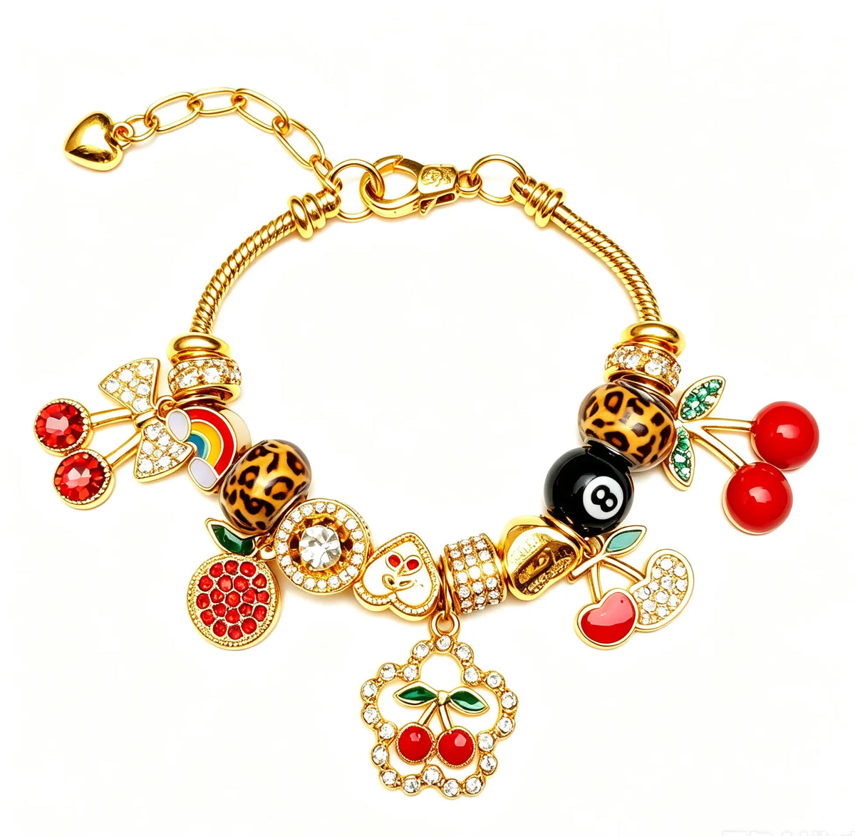 Retro Fun Beaded Bracelet with Leopard, Cherry & 8-Ball Charms – Stylish & Versatile Fashion Accessory