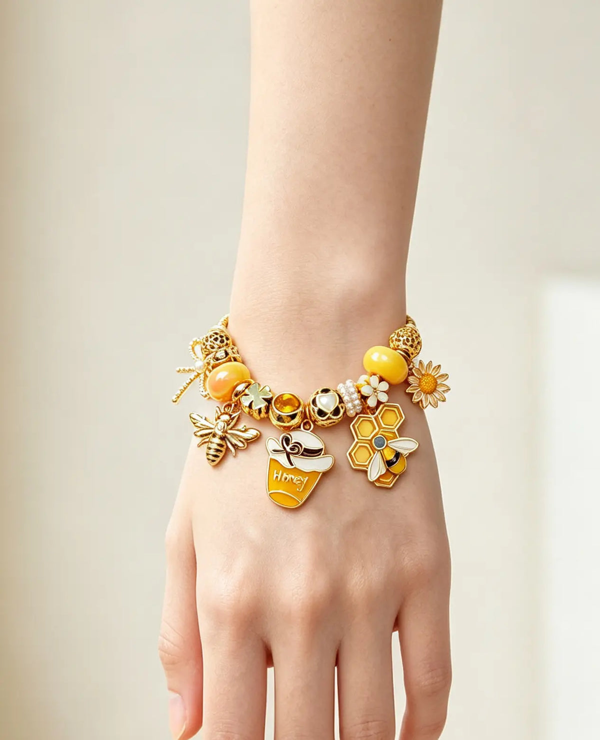 Honey Bee Charm Bracelet, Gold Tone Floral Honeycomb Bangle with Beaded Charms, Nature Inspired Fashion Jewelry Gift for Women
