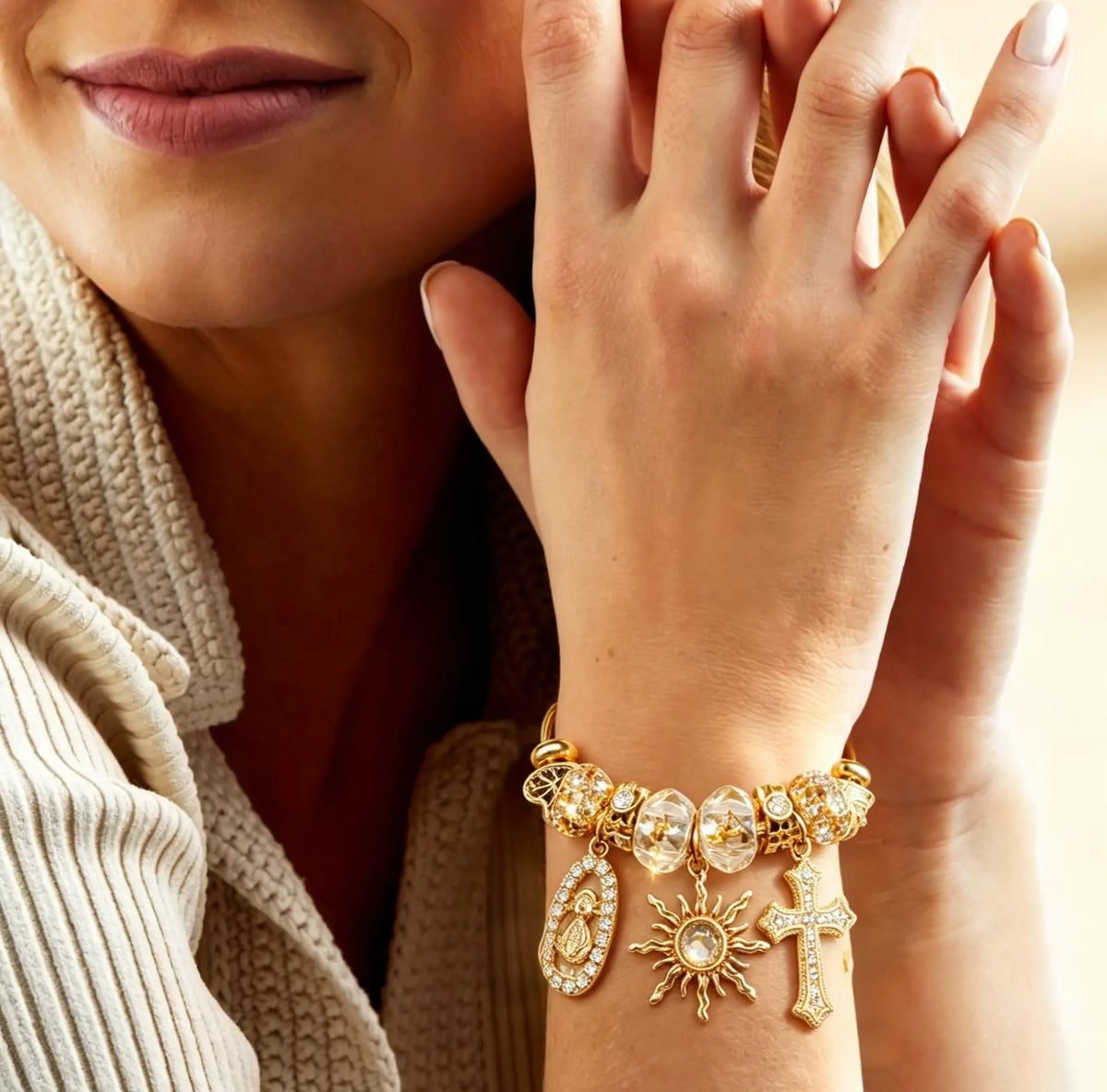 Gold Tone Cross Charm Bracelet for Women, Vintage Sun Pendant Crystal Beaded Bracelet, Elegant Faith Inspired Jewelry Gift Exquisite Bracelet Bead Bracelets