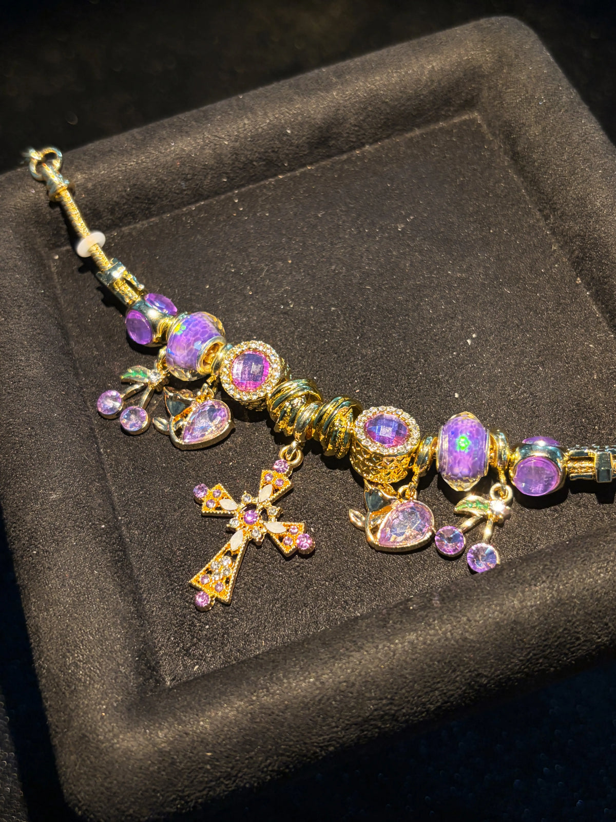 Women's Purple Cross Gold-Tone Snake Chain Bracelet with Rhinestone Beads, Stackable Costume Jewelry Accessory