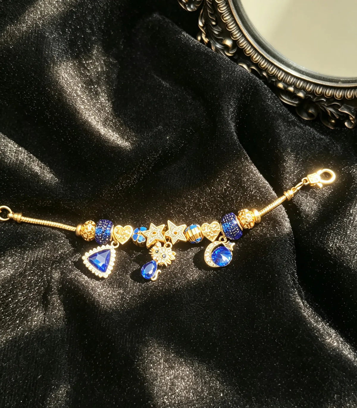 Gold Plated Blue Crystal Cat Charm Bracelet, Adjustable Snake Chain Beaded Bracelet with Star Moon Heart Charms, Fashion Jewelry Gift for Women