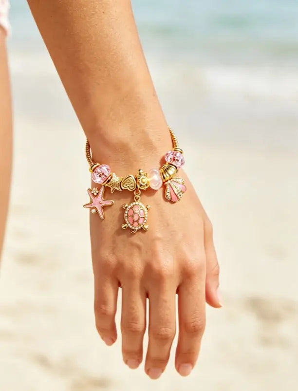 Pink Ocean Turtle Starfish Shell Charm Bracelet, Shiny Gold Adjustable Snake Chain Bangle with Pink Crystal Beads, Dainty Beach Holiday Jewelry Gift for Women Girls