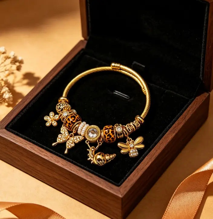 Vintage Leopard Print Bead Gold Wire Open Cuff Bracelet, Rhinestone Butterfly Bee Conch Charms Luxury Stackable Bangle Jewelry Gift for Women