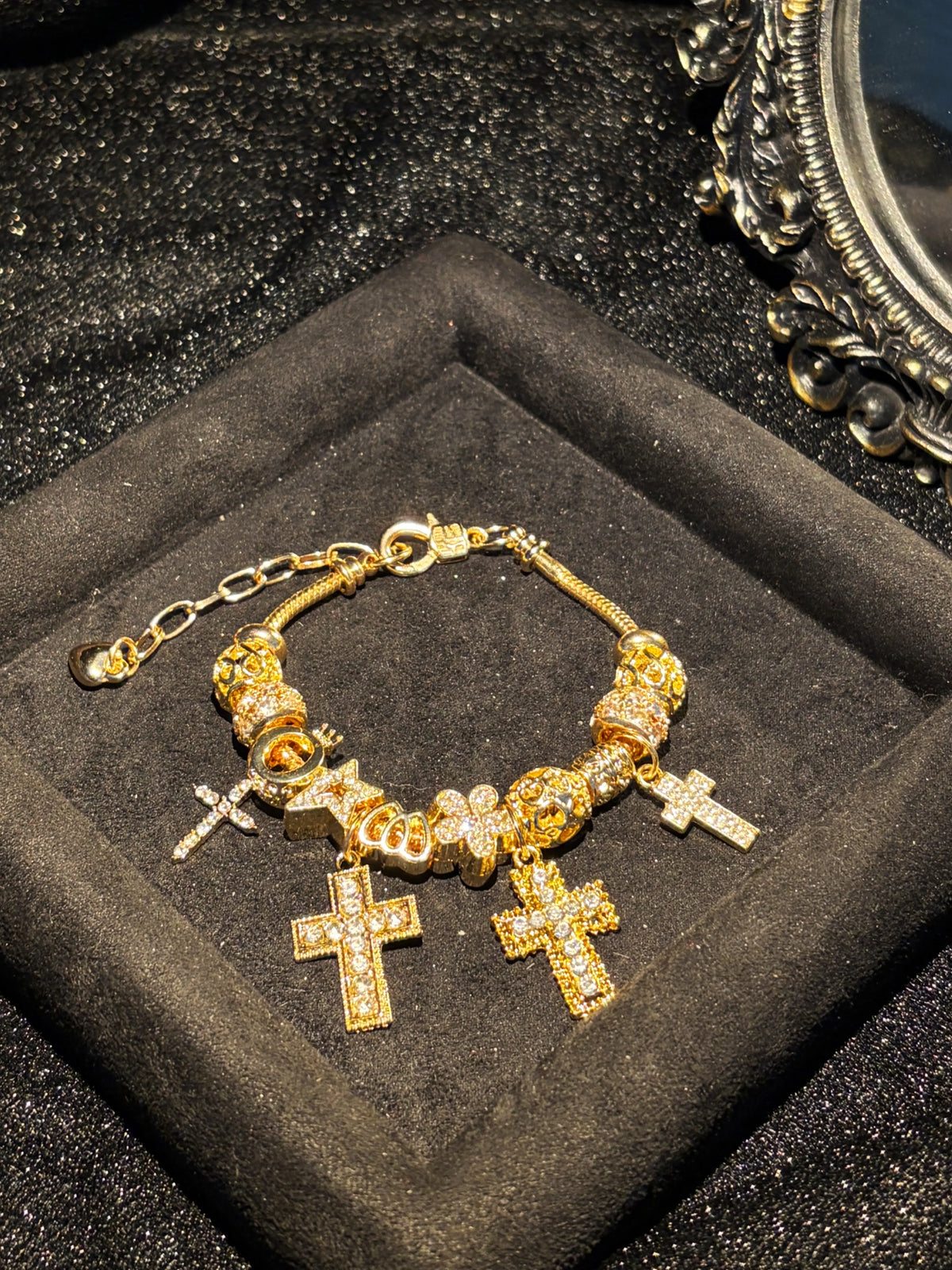 Women's Gold Tone Charm Bracelet, Sparkling Cross & Flower Rhinestone Charms Bangle for Daily Party Wear