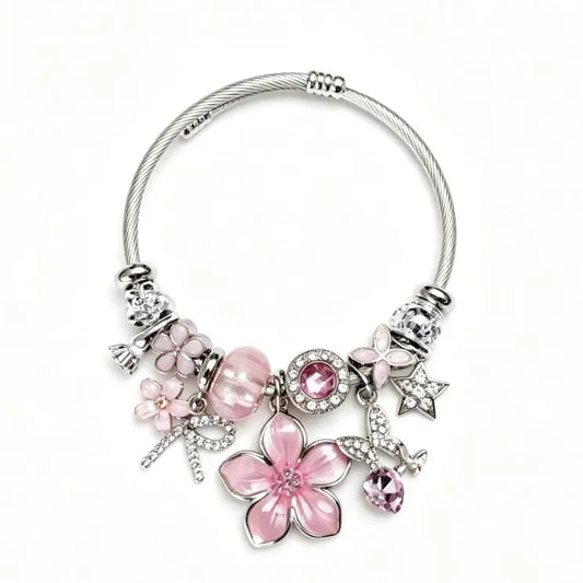 Tone Silver Twisted Open Bangle Pink Blue Black Purple Sakura Flower Crystal Rhinestone Charm Bracelet Women Sweet Girly Jewelry Gift