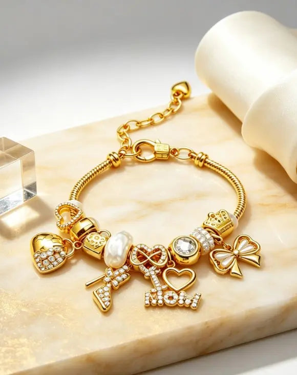 I Love Mom Charm Bracelet, Gold Plated Beaded Snake Chain Bracelet with Heart Bow Crown Charms, Gift for Mother