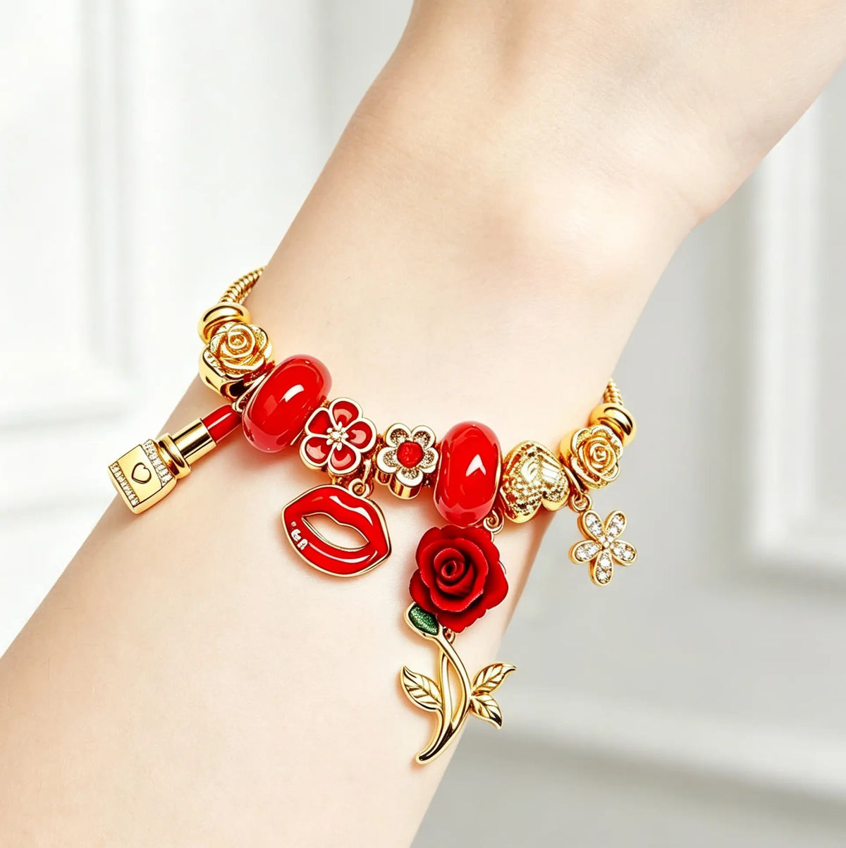 Gold Tone Red Rose Charm Bracelet for Women, Snake Chain Bracelet with Lip, Lipstick, Flower & Glossy Red Beads, Romantic Valentine’s Day Jewelry Gift for Her