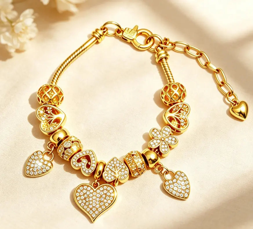 Women's 14K Gold-Plated Adjustable Length Snake Chain Bracelet - Gold Heart Crystal, Multi-Heart Charms, Clover Leaf Pave Diamond Jewelry for Women, Female Wear, Gift Idea Fashion Accessory