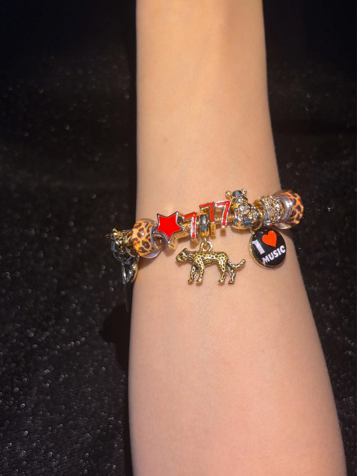 Women's Gold-Tone Multi-Charm Beaded Bracelet - Leopard Print Bead, Star, I Love Music Dangles - Trendy Costume Fashion Jewelry Accessory