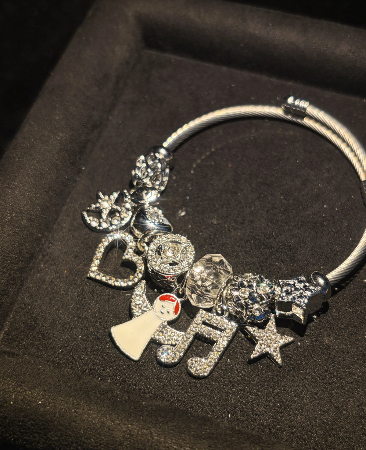 Sparkling Rhinestone Angel Music Note Heart Star Dangle Charms Silver Tone Open Wire Bangle, Elegant Beaded Jewelry Gift for Women