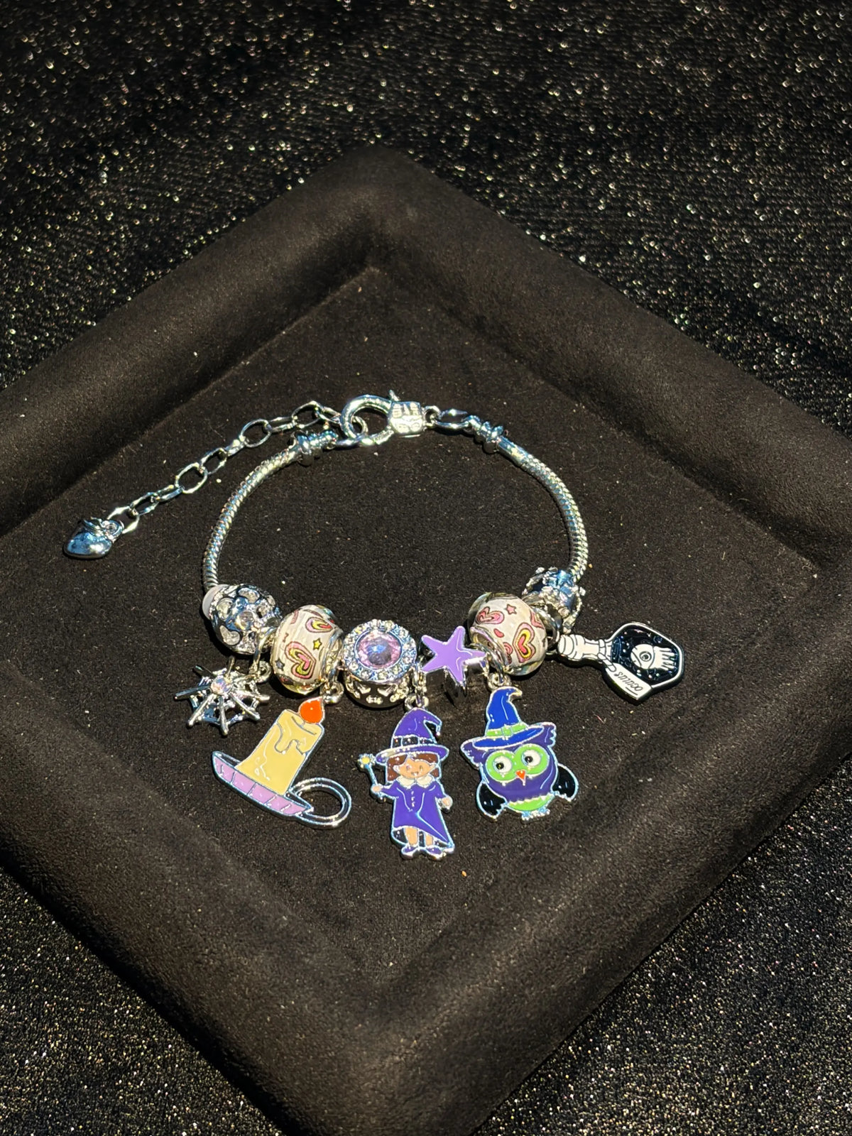 Silver Tone Halloween Magic Theme Charm Bracelet, Adjustable Snake Chain With Witch Owl Candle Crystal Ball Dangle Charms, Color Printed Glass Beads Rhinestone Spacer Beads, Stackable Cute Festival Jewelry, Party Cosplay Accessory for Women Teen Girls