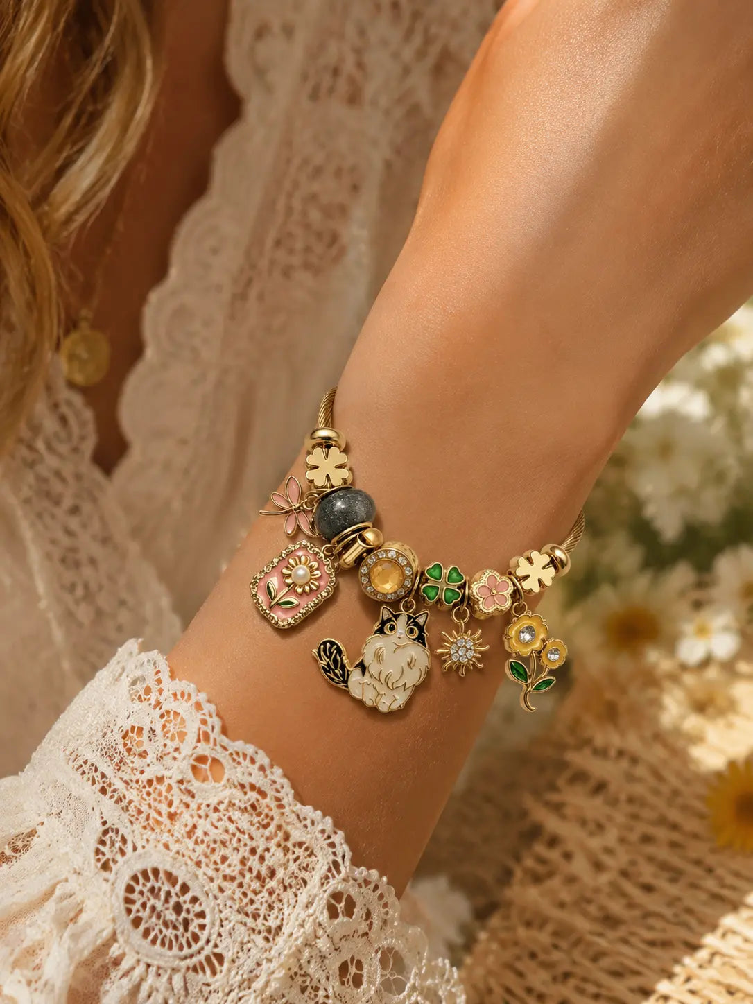Women's Adjustable Gold-Plated Cat Charm Bangle - Enamel Flower, 4-Leaf Clover, Twisted Cable Wire, Dangle Bead Costume Jewelry Gift