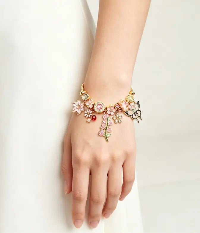 Dreamy Spring Pink Floral Butterfly Charm Gold Cable Bangle, Cute Enamel Lily Sakura Ladybug Crystal Rhinestone Adjustable Wire Bracelet, Aesthetic Jewelry Gift for Women Girls
