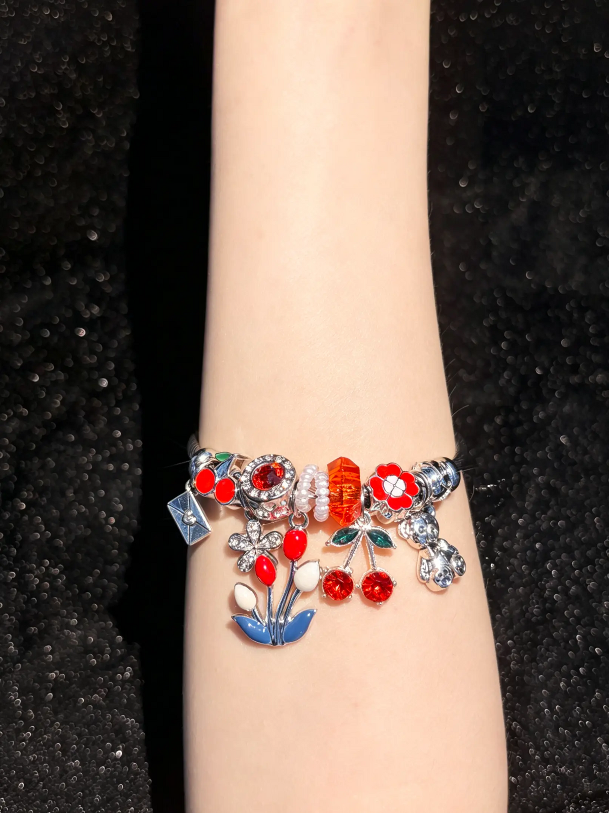 Open Bangle Bracelet, Cherry Tulip Flower Bear Enamel & Sparkling Crystal Dangle Charms, Cute Colorful Statement Jewelry Gift for Women