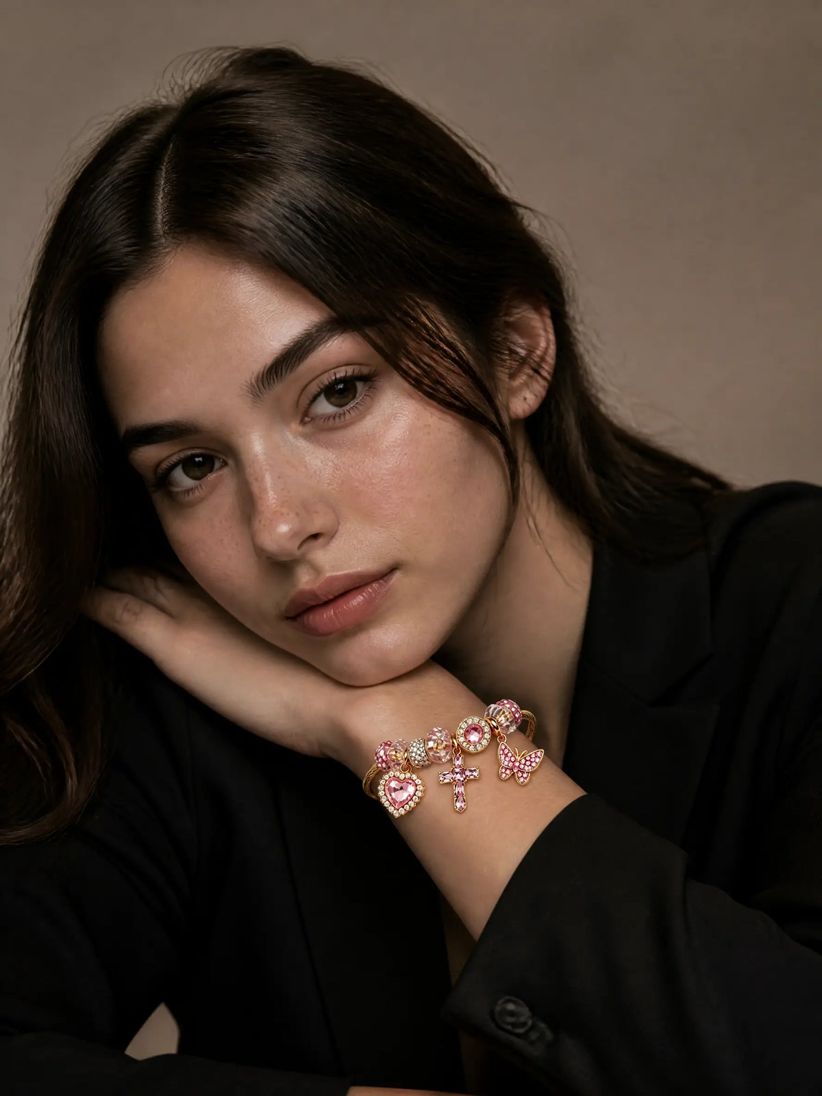 Sparkling Pink Charm Bangle - Heart, Cross & Butterfly Dangle Bracelet for Women | Trendy Gold-Tone Jewelry Gift