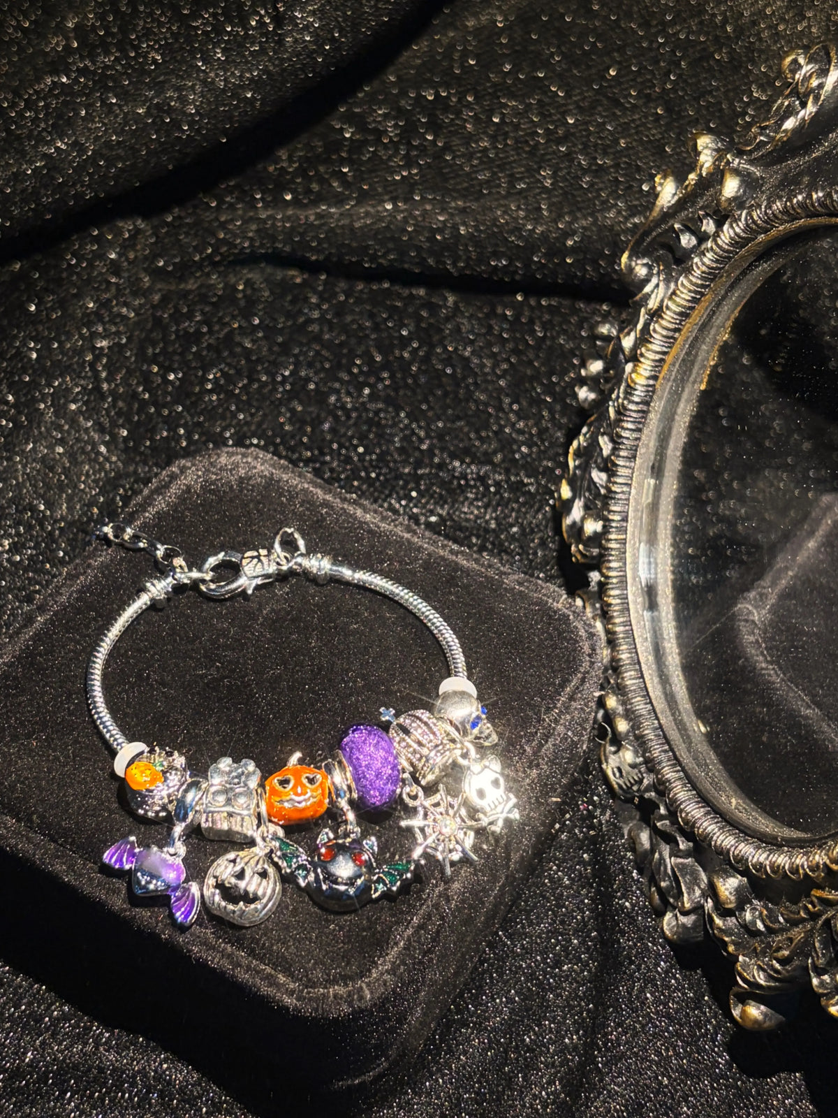 Silver Stackable Enamel Snake Chain Bracelet with Halloween Multi-Charm Decor - Pumpkin, Spider Web, Bat, Skull - Fashion Costume Jewelry Gift for Holiday