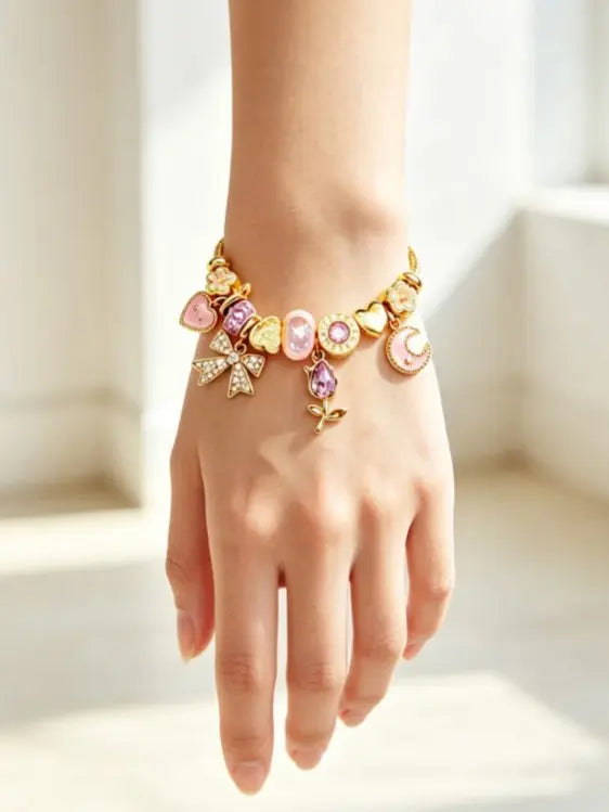 Pink Moon Bow Rose Gold Snake Chain Charm Bracelet, Adjustable Dainty Heart Flower Crystal Beads Bangle, Sweet Romantic Jewelry Gift for Women Teen Girls Daily Vacation Matching