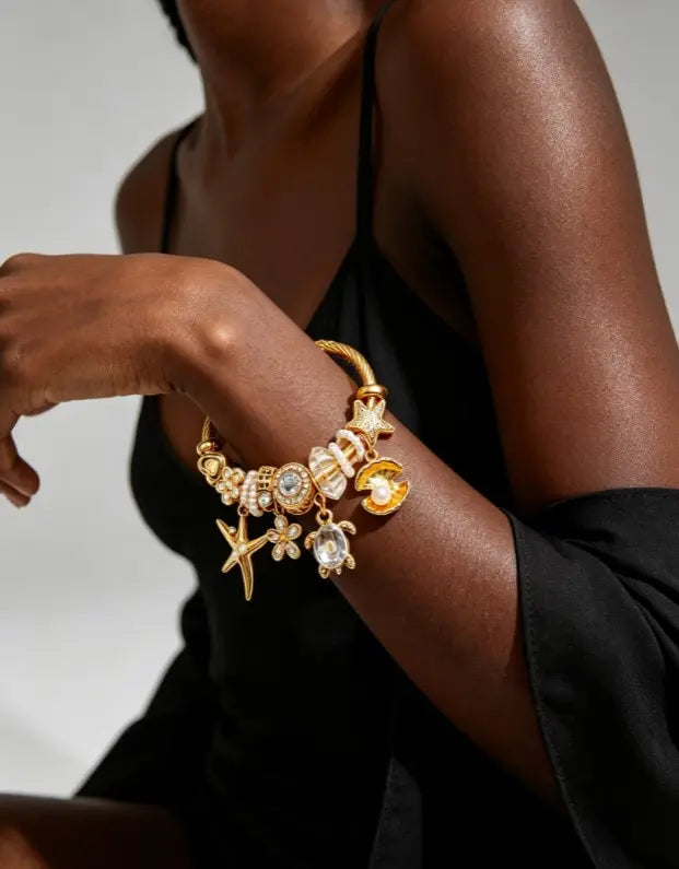 Gold Tone Ocean Theme Cable Wire Charm Bracelet, Starfish, Turtle, Shell, Flower Crystal Pearl Dangle Bangle, Adjustable Open Cuff Beach Jewelry Gift for Women Girls