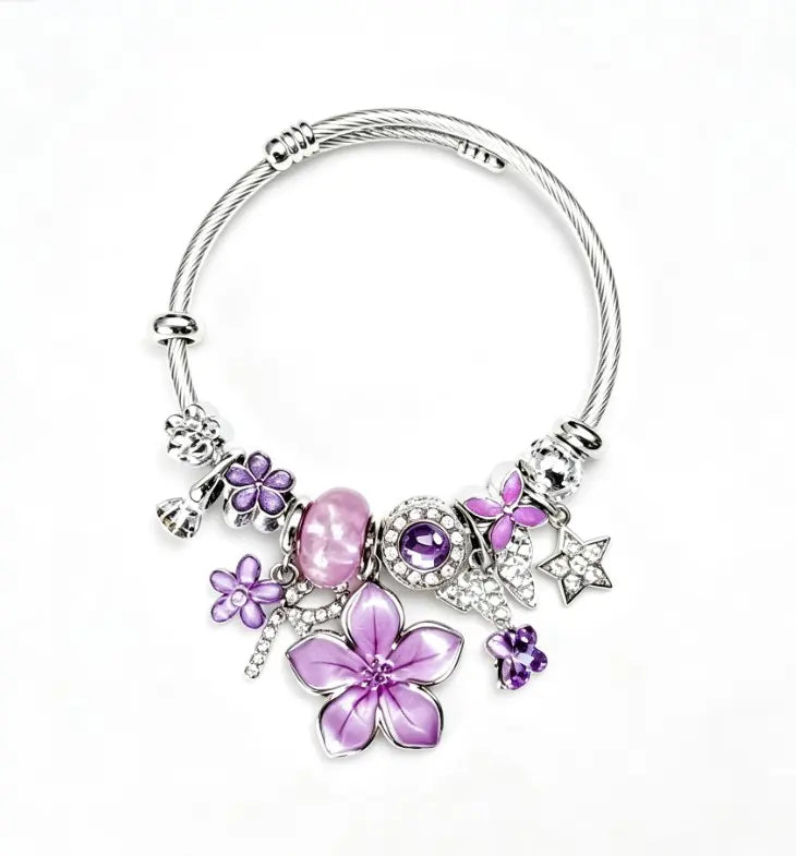 Tone Silver Twisted Open Bangle Pink Blue Black Purple Sakura Flower Crystal Rhinestone Charm Bracelet Women Sweet Girly Jewelry Gift