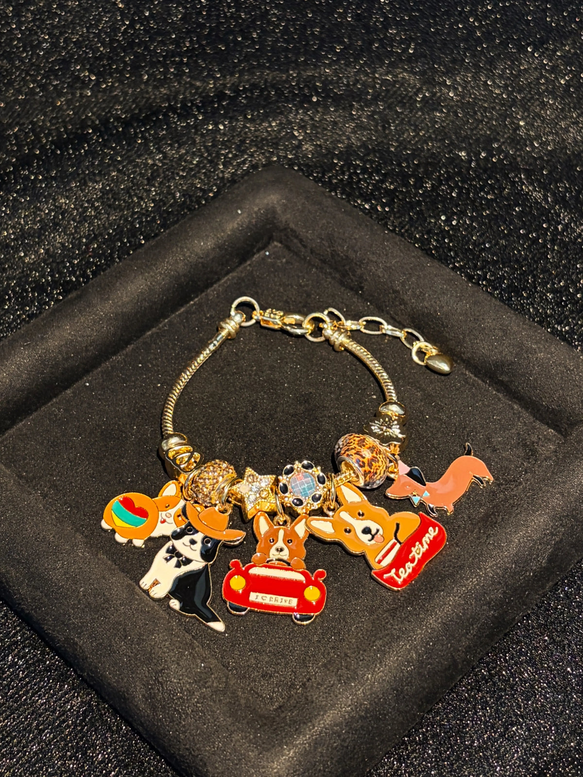 Cute Dog Puppy Enamel Dangle Charms Gold Tone Charm Bracelet, Fun Animal Beaded Jewelry Gift for Women