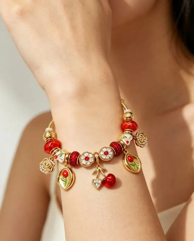 Sweet Red Cherry & Rose Charm Bracelet, Gold-Tone Snake Chain with Red Crystal Beads & Enamel Flowers, Adjustable Fashion Jewelry for Women
