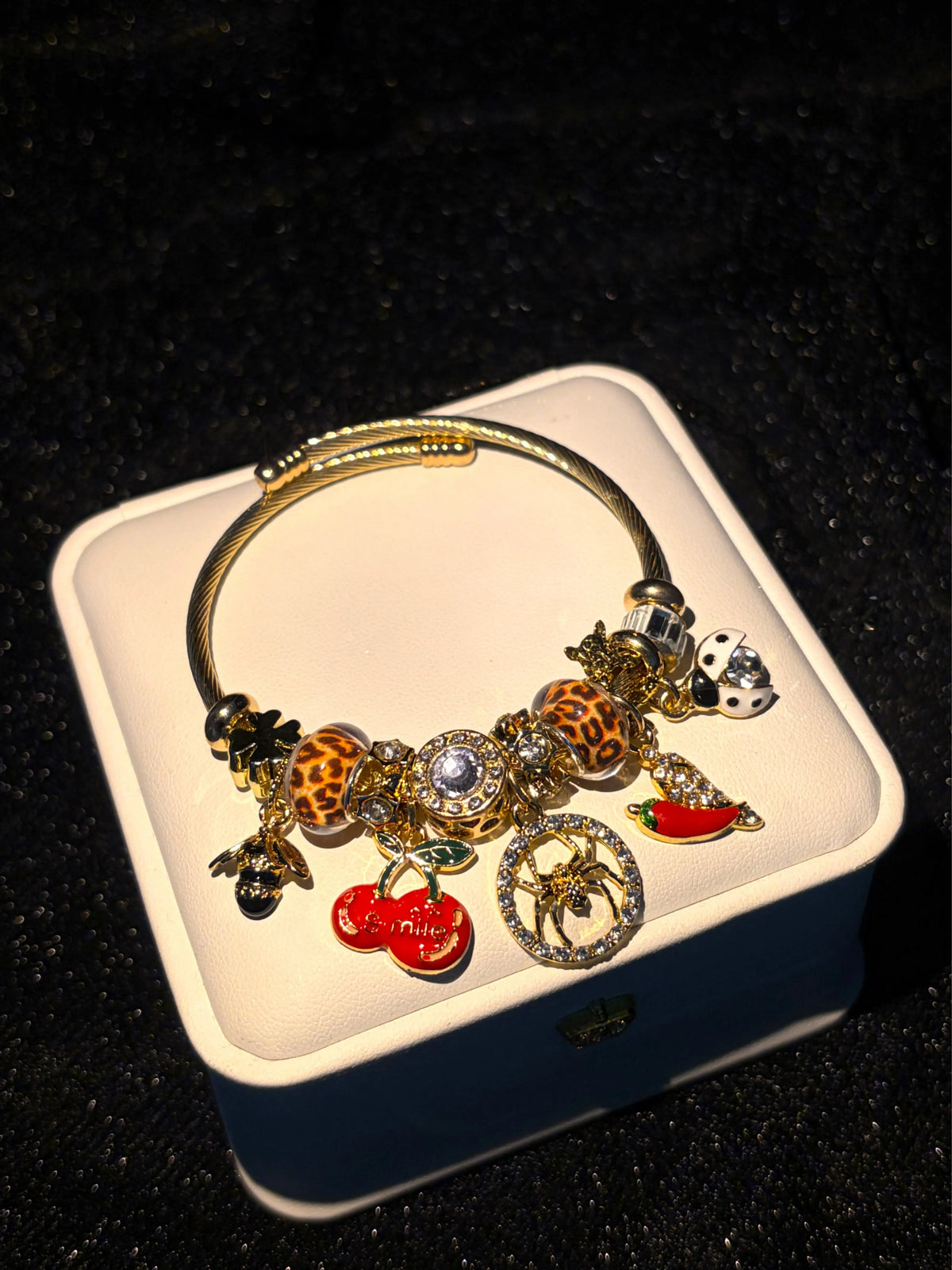 Women's Gold-Tone Open Bangle Bracelet - Leopard Print, Cherry, Spider, Bee, Chili Dangle Charms - Sparkling Rhinestone Enamel Statement Jewelry Gift for Women