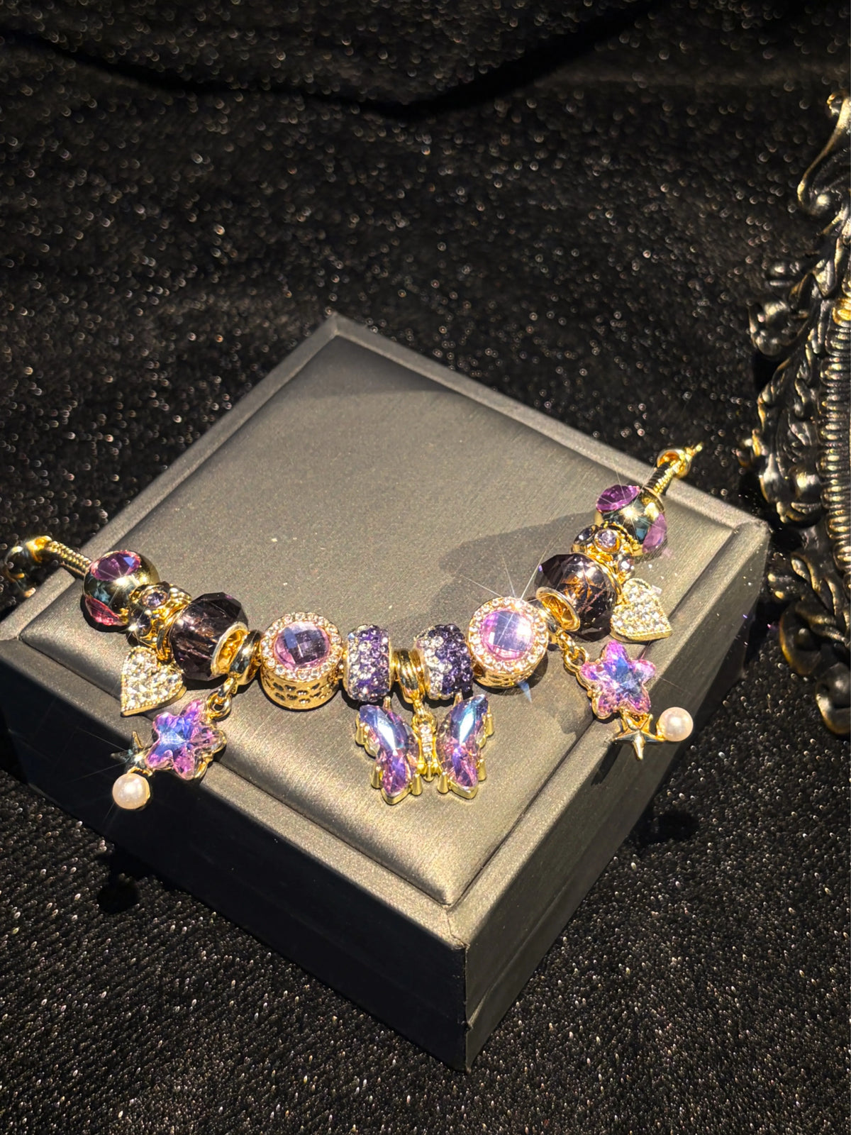 Womens Sparkly Purple Butterfly Charm Bracelet, Pearl Dangle Rhinestone Beaded Jewelry for Girls