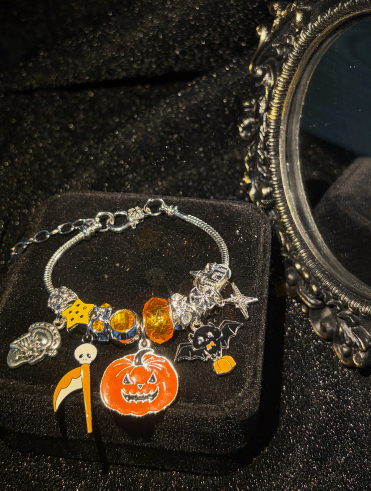 Halloween Charm Bracelet, Silver Tone Snake Chain Bracelet with Pumpkin Bat Scythe Star Enamel Charms, DIY Large Hole Beads Costume Jewelry Gift for Women Teen Girls