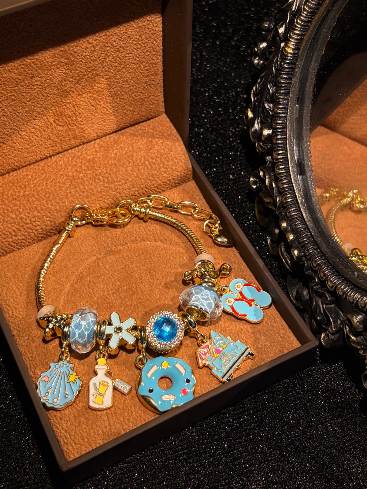 Women's Sparkling Water-Shimmer Crystal Bead Charm Bracelet, Gold-Tone Adjustable Snake Chain with Donut Bottle Shell Enamel Charms, Summer Vacation Fashion Jewelry Gift