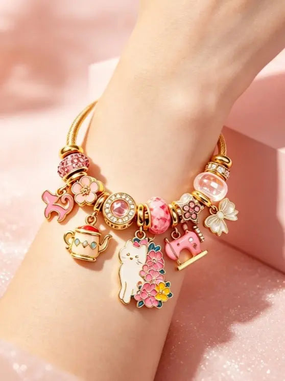 Tone Gold Twisted Open Bangle Pink Cat Cherry Blossom Charm Bracelet Cute Teapot Rocking Horse Bow Crystal Bead Women Sweet Girly Jewelry Gift