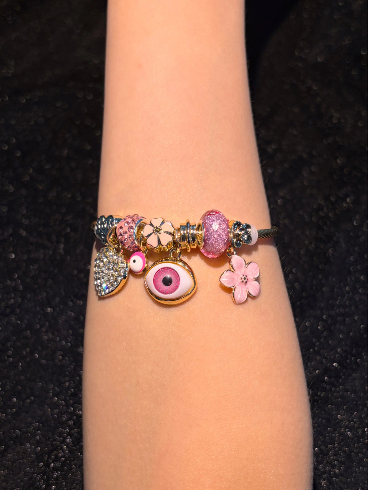 Women's Evil Eye Gold-Tone Open Cuff Bangle, Heart Flower Stackable Costume Jewelry