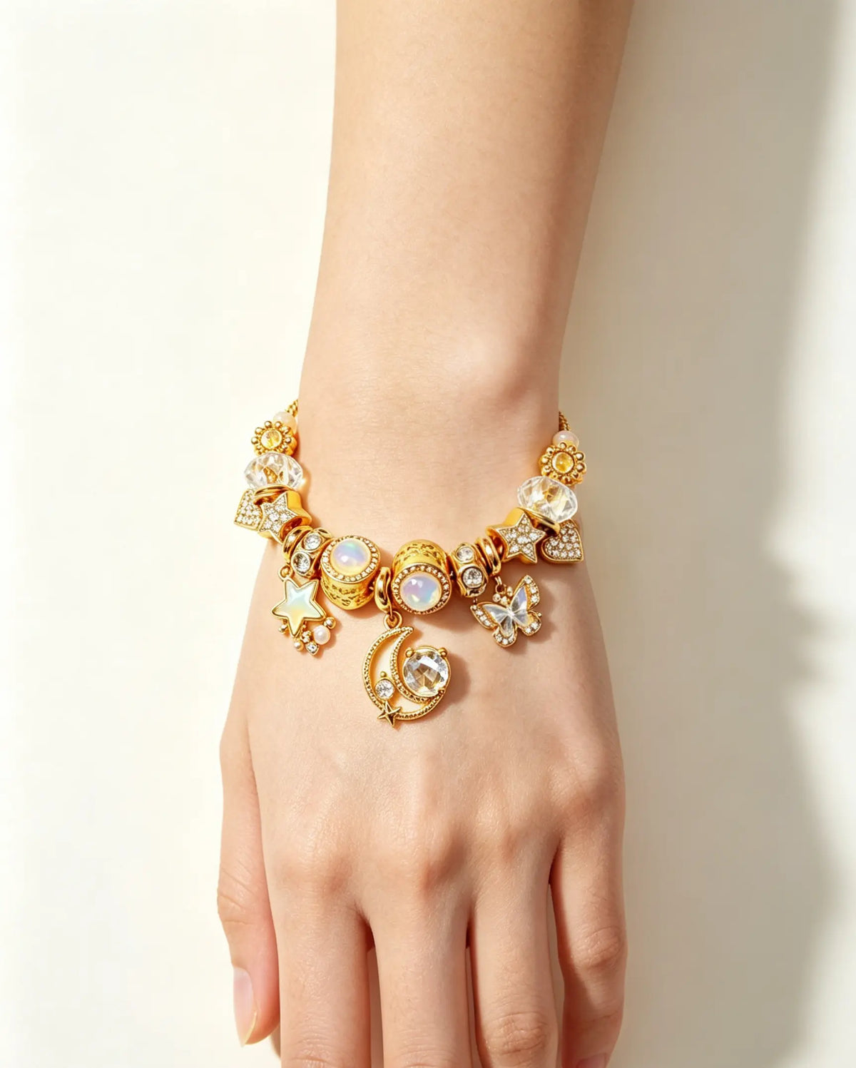 Dreamy Star & Moon Charm Bracelet – Gold-Tone Bow & Crystal Bead Bangle, Sweet Fairycore Jewelry, Perfect Gift for Her