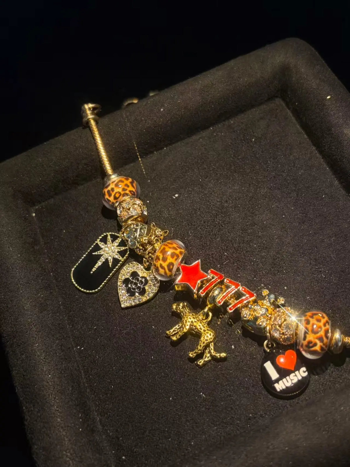 Women's Gold-Tone Multi-Charm Beaded Bracelet - Leopard Print Bead, Star, I Love Music Dangles - Trendy Costume Fashion Jewelry Accessory