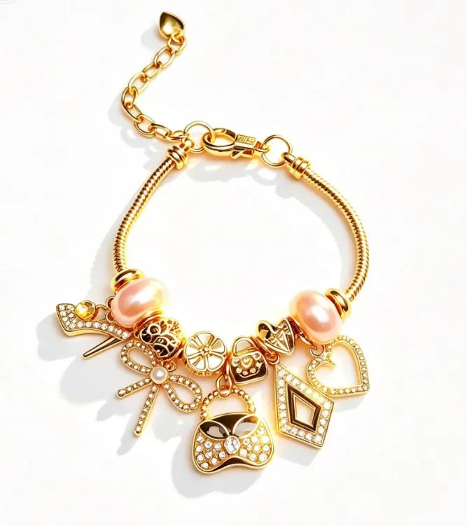 Gold Snake Chain Charm Bracelet for Women, Dainty Pink Pearl Beads Bracelet with High Heel, Bow, Handbag, Heart Diamond Crystal Charms, Adjustable Extension Link Jewelry Gift for Girls