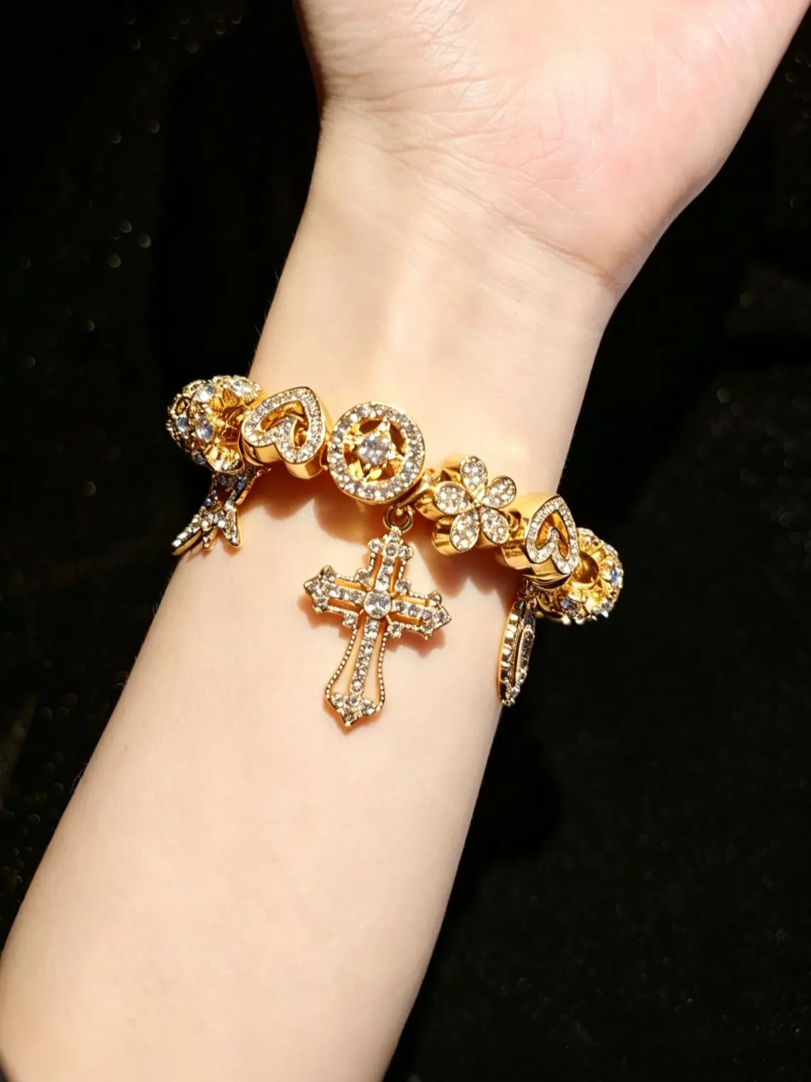 Vintage Gold Tone Cross Charm Beaded Bracelet, Rhinestone Star Heart Virgin Mary Pendant Snake Chain Bracelet