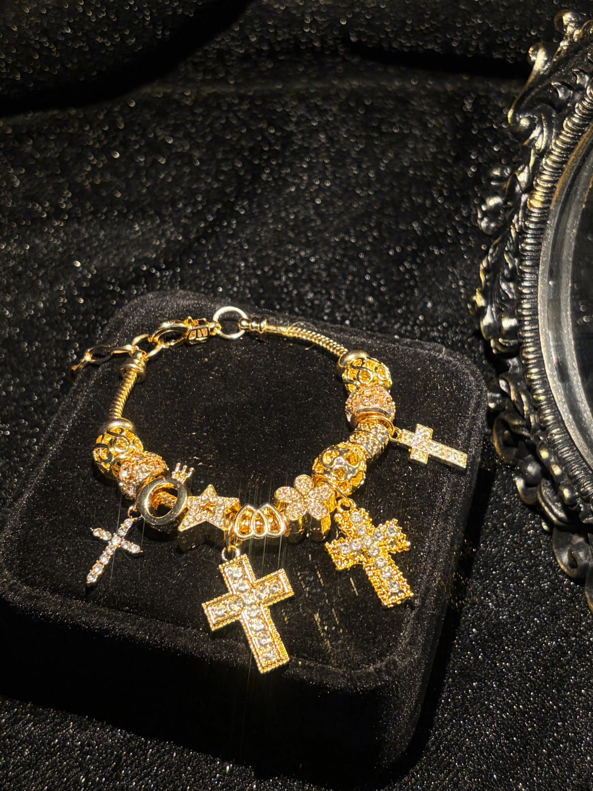 Women's Gold Tone Charm Bracelet, Sparkling Cross & Flower Rhinestone Charms Bangle for Daily Party Wear