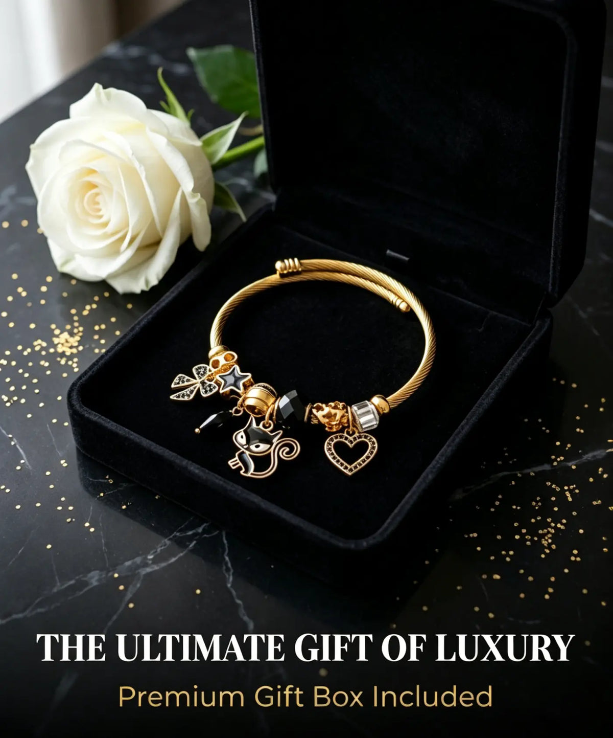 Black Cat Charm Bangle, Gold-Tone Adjustable Cable Wire Bracelet with Black Star Heart Bow Charms, Fashion Jewelry Gift for Women Cat Lovers