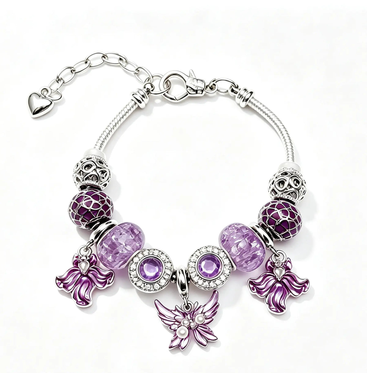 Purple Butterfly Angel Charm Snake Chain Bracelet, 9.85 Inches Adjustable Extension Chain Beaded Bracelet with Purple Crystal Beads, Fashion Jewelry Gift for Women Teen Girls